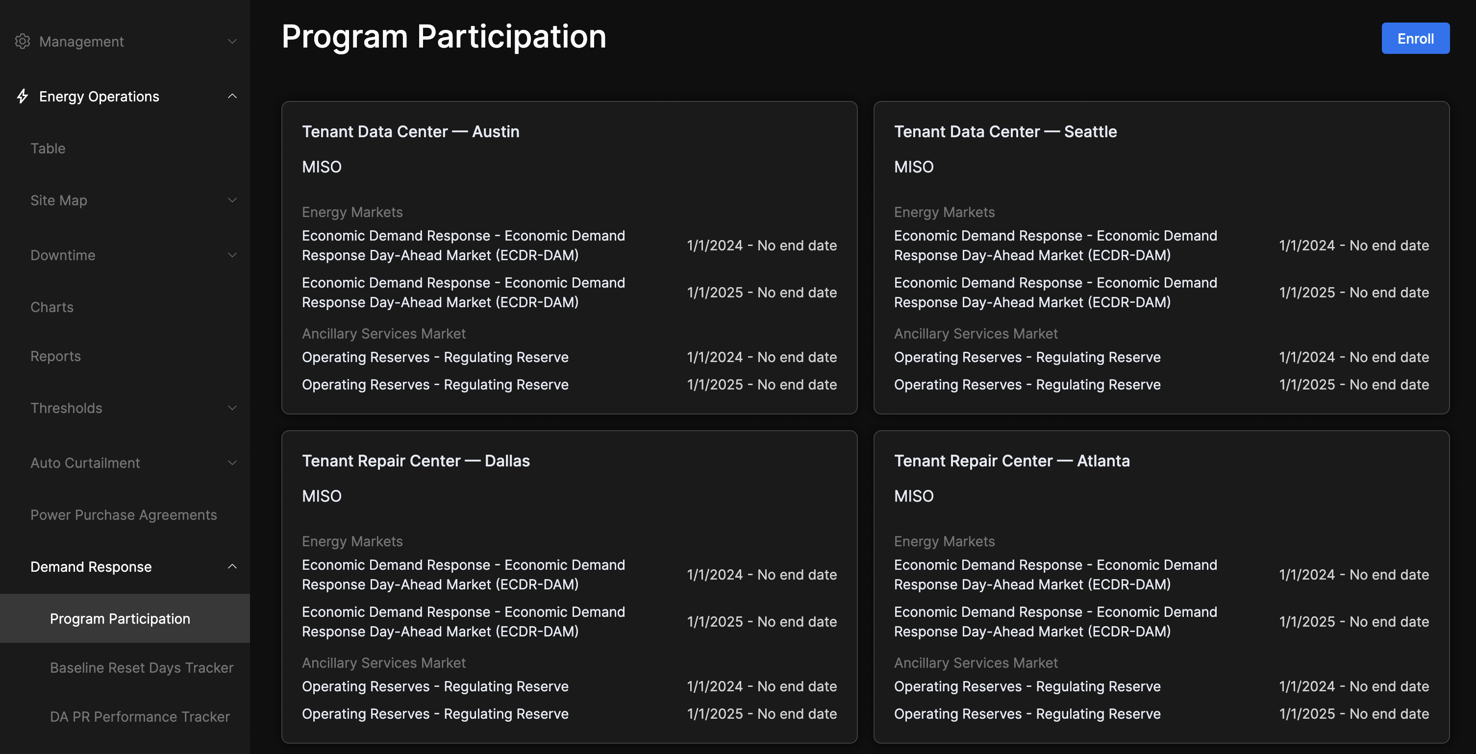 Grid of site cards, programs grouped by type with enrollment date ranges