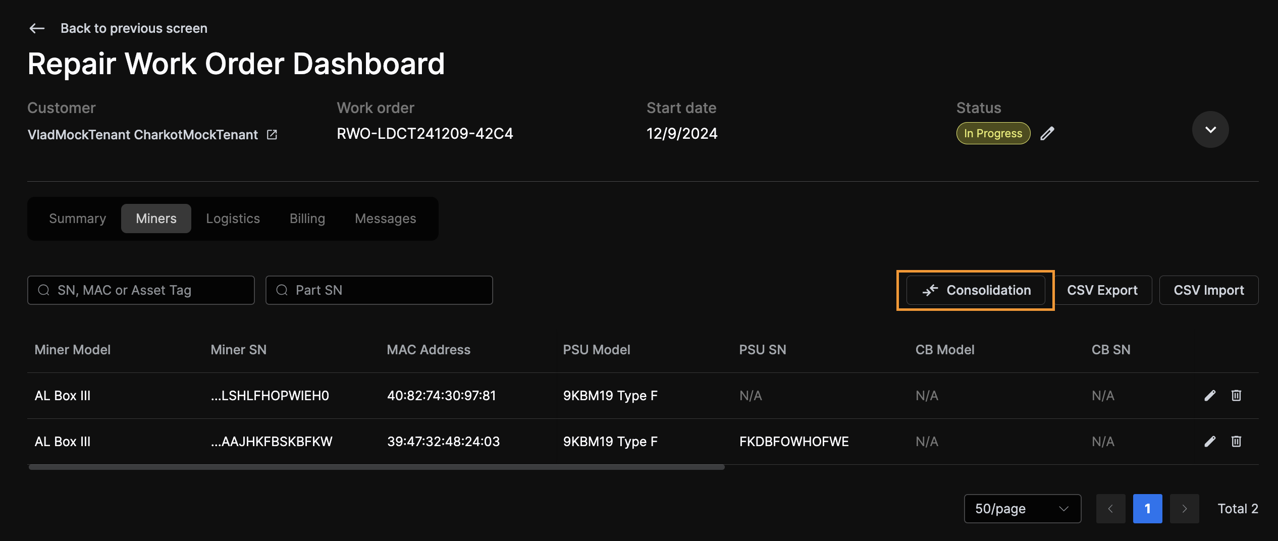 Reaching consolidation from miners tab
