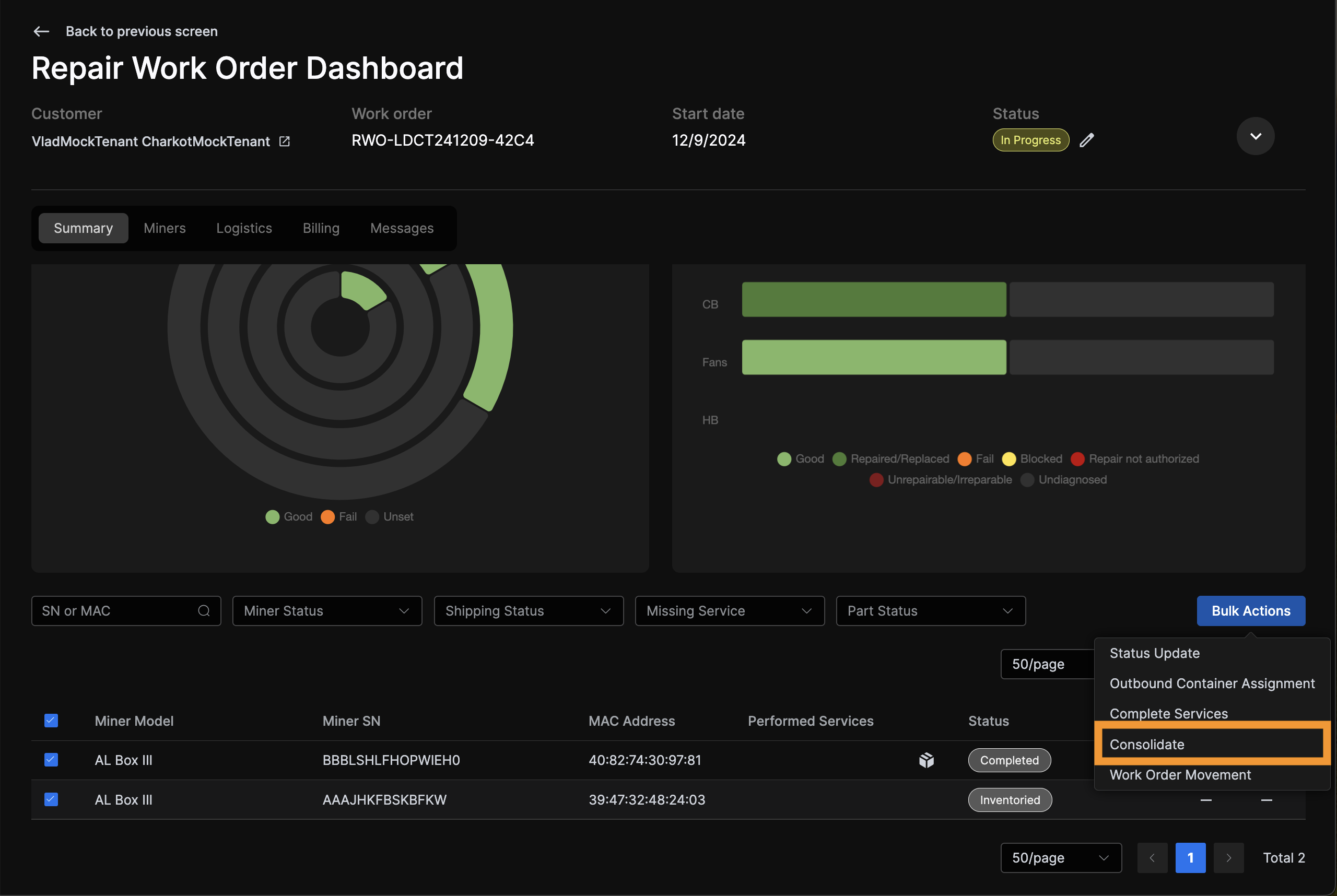 Reaching consolidation from Work Order summary
