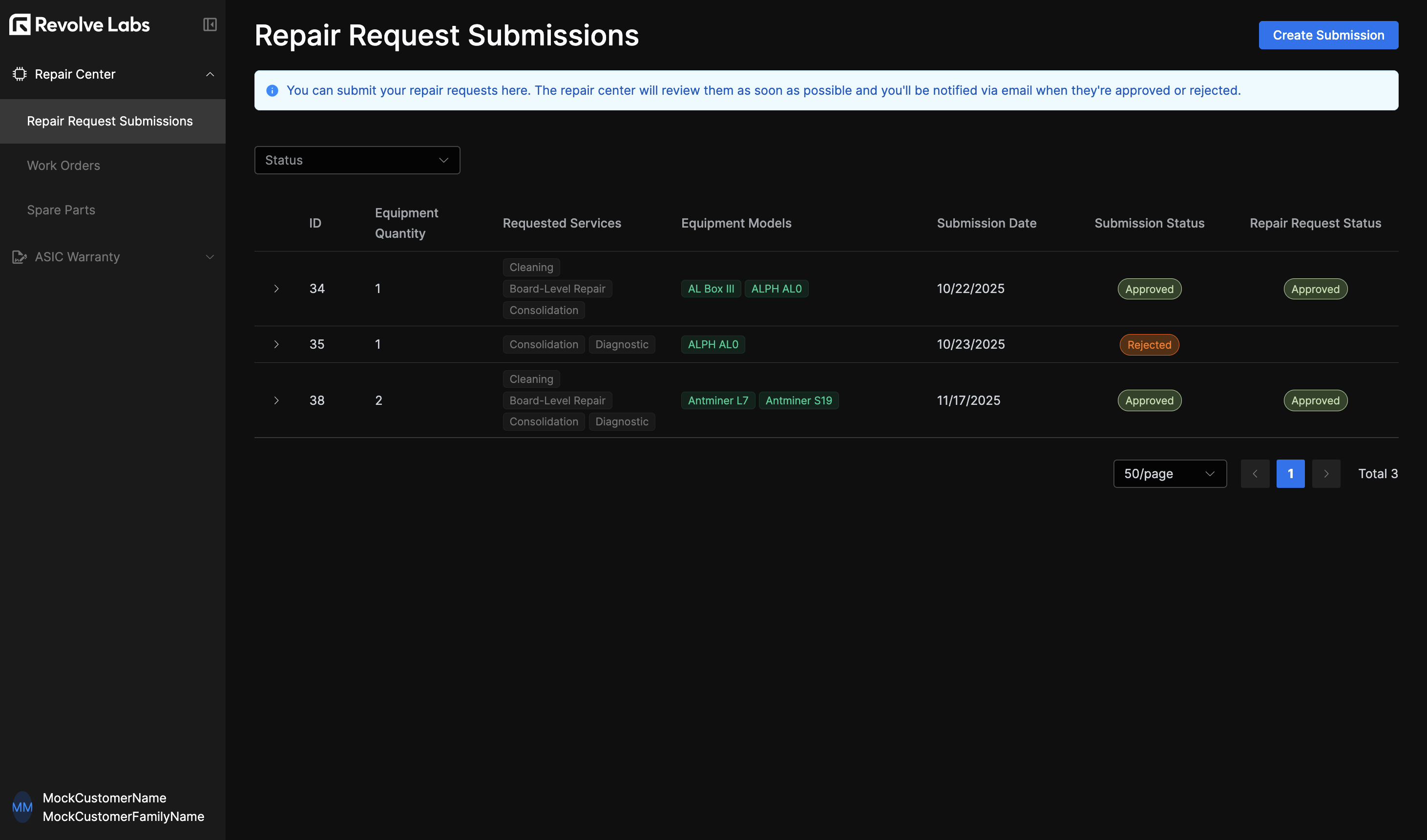 Repair Request Submissions Table Customer View