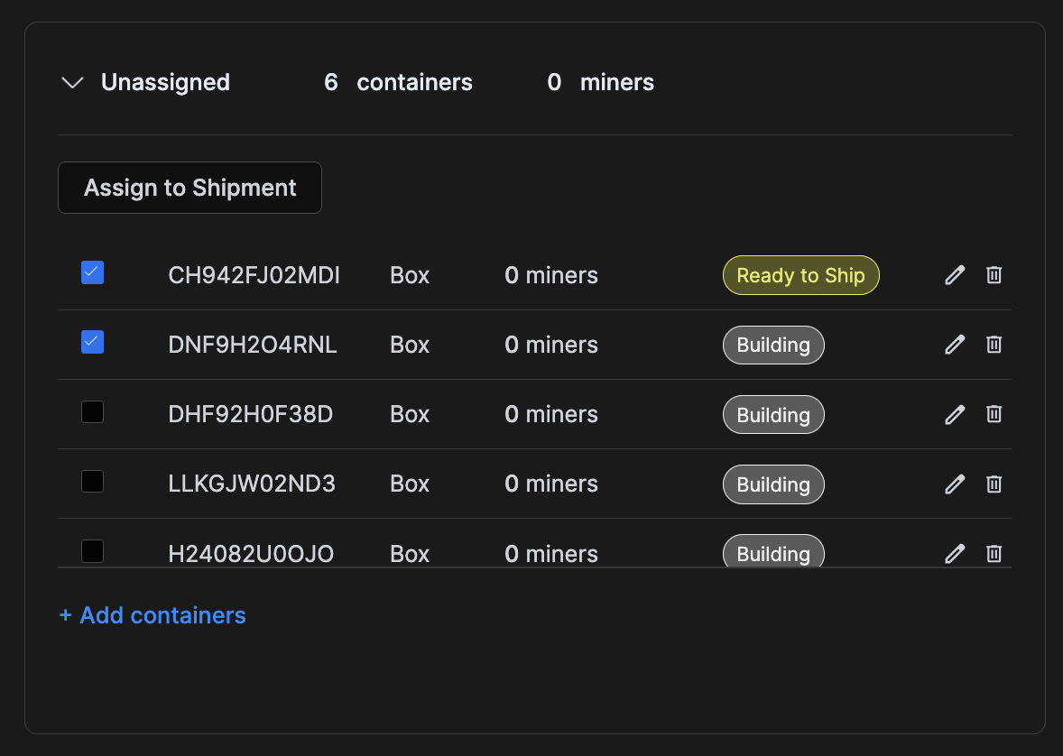 RWO Logistics tab assign containers